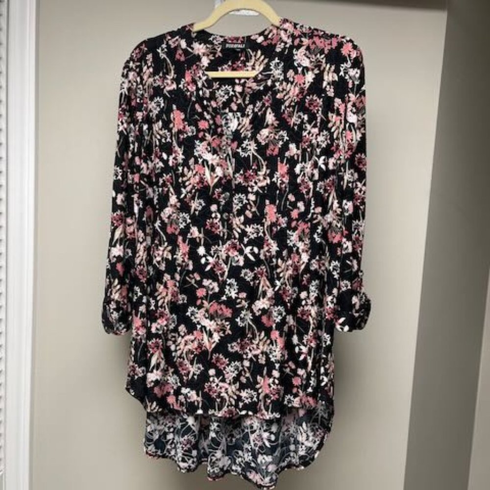 Women's Roz & Ali size 2X black and pink pullover 3/4 sleeve blouse/shirt.